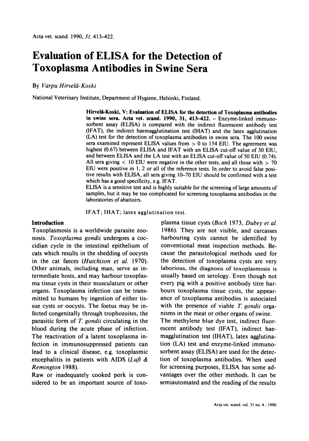 Evaluation of ELISA for the Detection of Toxoplasma Antibodies in Swine Sera