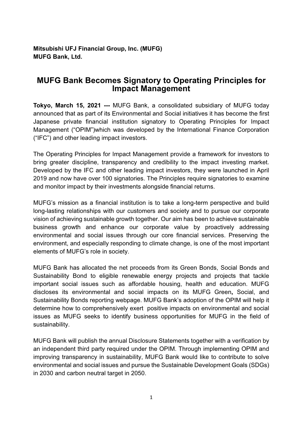 MUFG Bank Becomes Signatory to Operating Principles for Impact Management