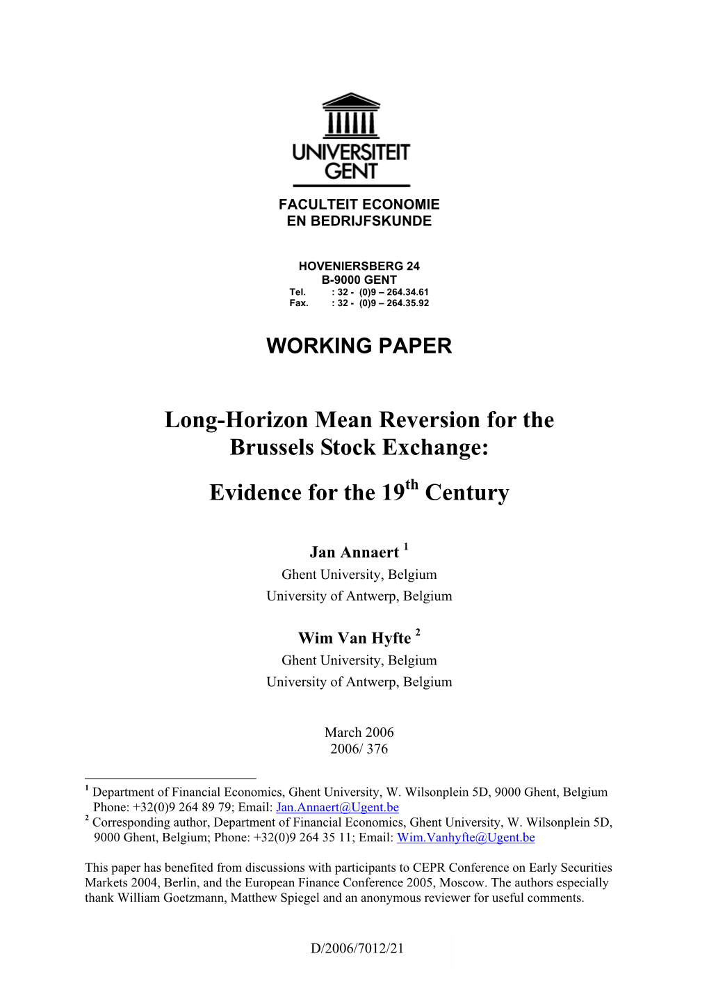 Long-Horizon Mean Reversion for the Brussels Stock Exchange: Evidence for the 19Th Century