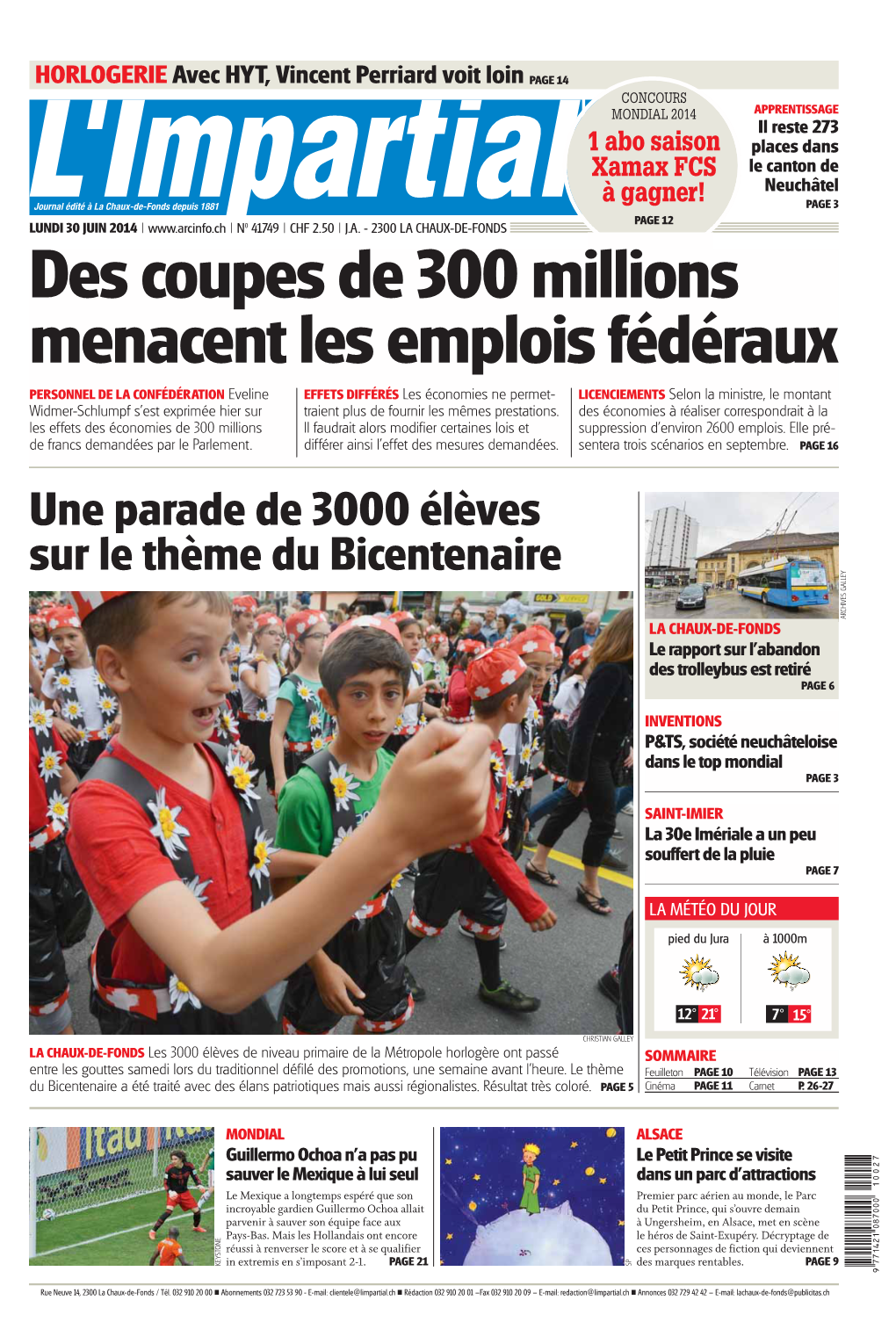 Une Parade De 3000 Élèves Sur Le Thème Du Bicentenaire ARCHIVES GALLEY LA CHAUX-DE-FONDS Le Rapport Sur L’Abandon Des Trolleybus Est Retiré PAGE 6