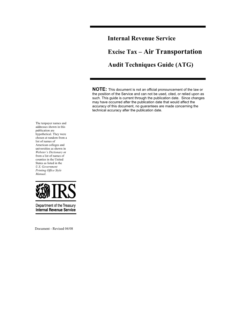 Excise Tax – Air Transportation Audit Techniques Guide (ATG)