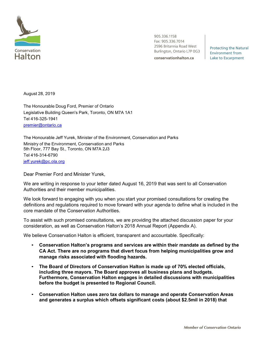 Letter to MECP and Ontario Premier Conservation Halton Board 2019