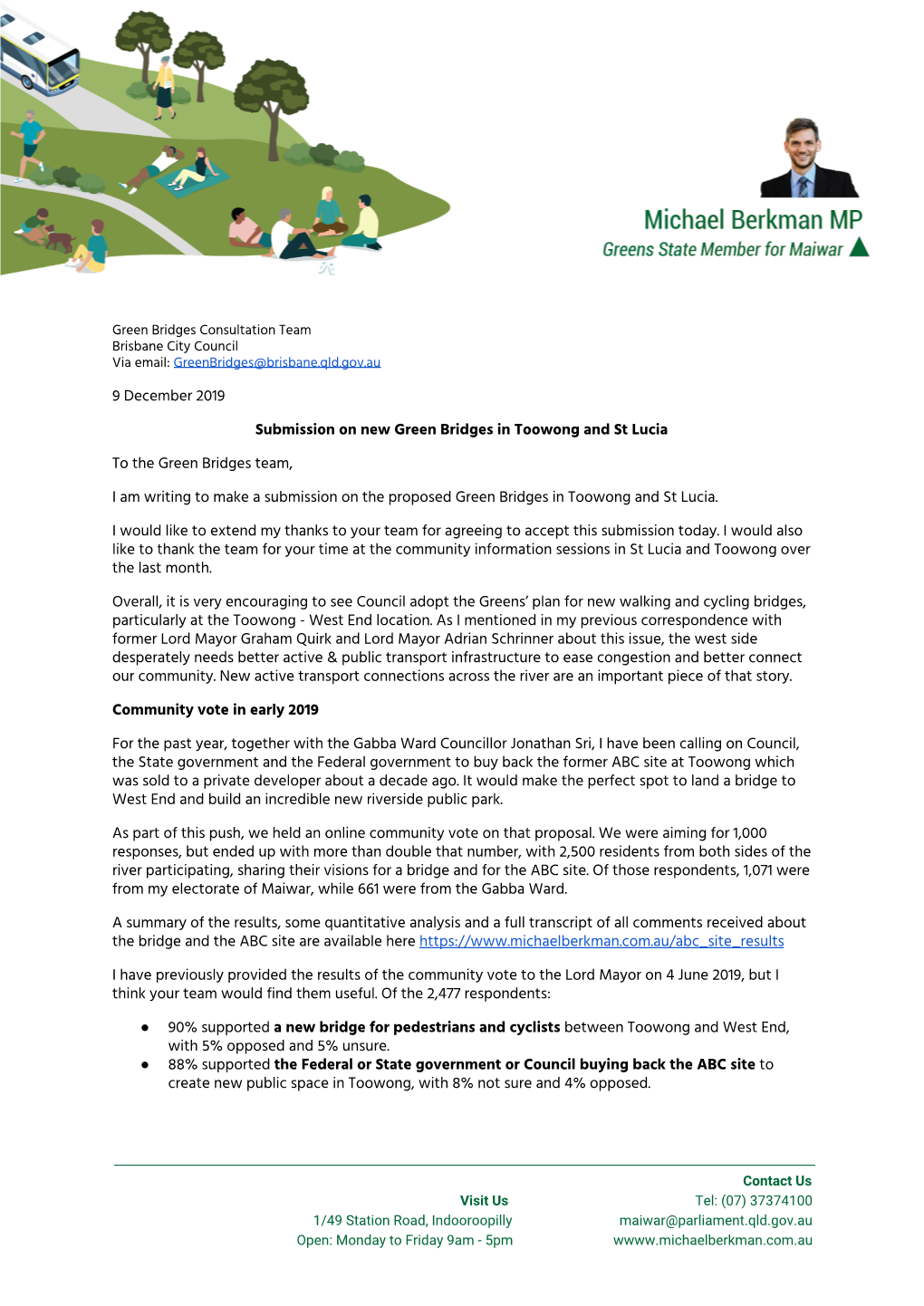 9 December 2019 Submission on New Green Bridges in Toowong and St