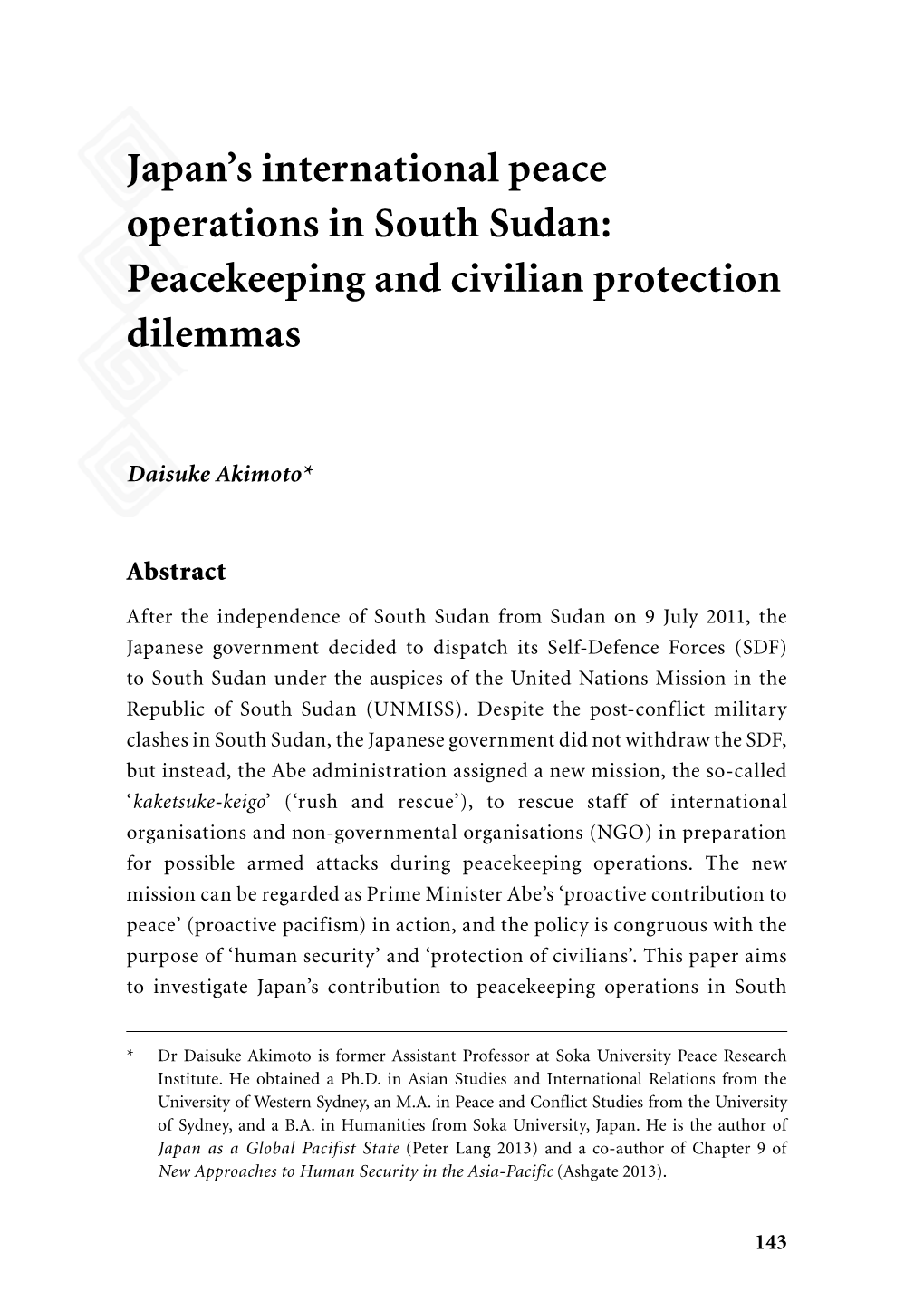 Japan's International Peace Operations in South Sudan