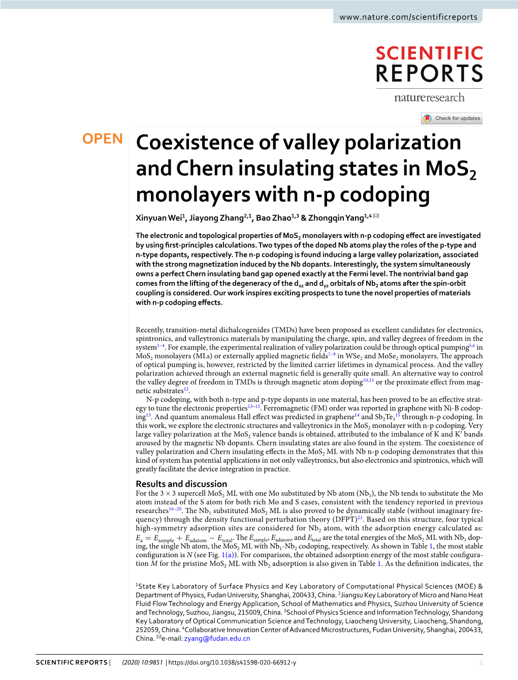 Coexistence of Valley Polarization and Chern Insulating States in Mos2 Monolayers with N-P Codoping Xinyuan Wei1, Jiayong Zhang2,1, Bao Zhao1,3 & Zhongqin Yang1,4 ✉