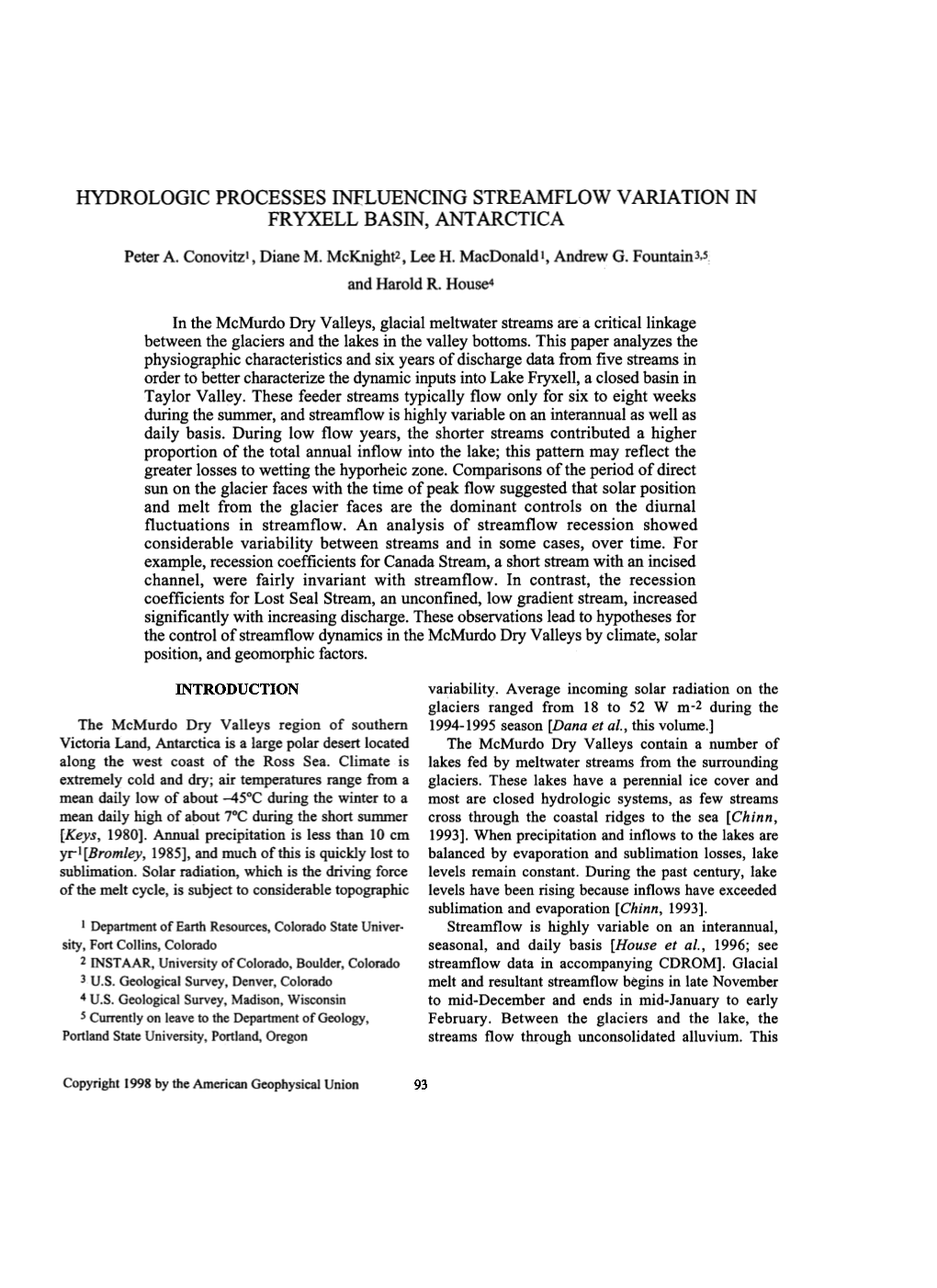 Hydrologic Processes Influencing Streamflow Variation in Fryxell Basin, Antarctica