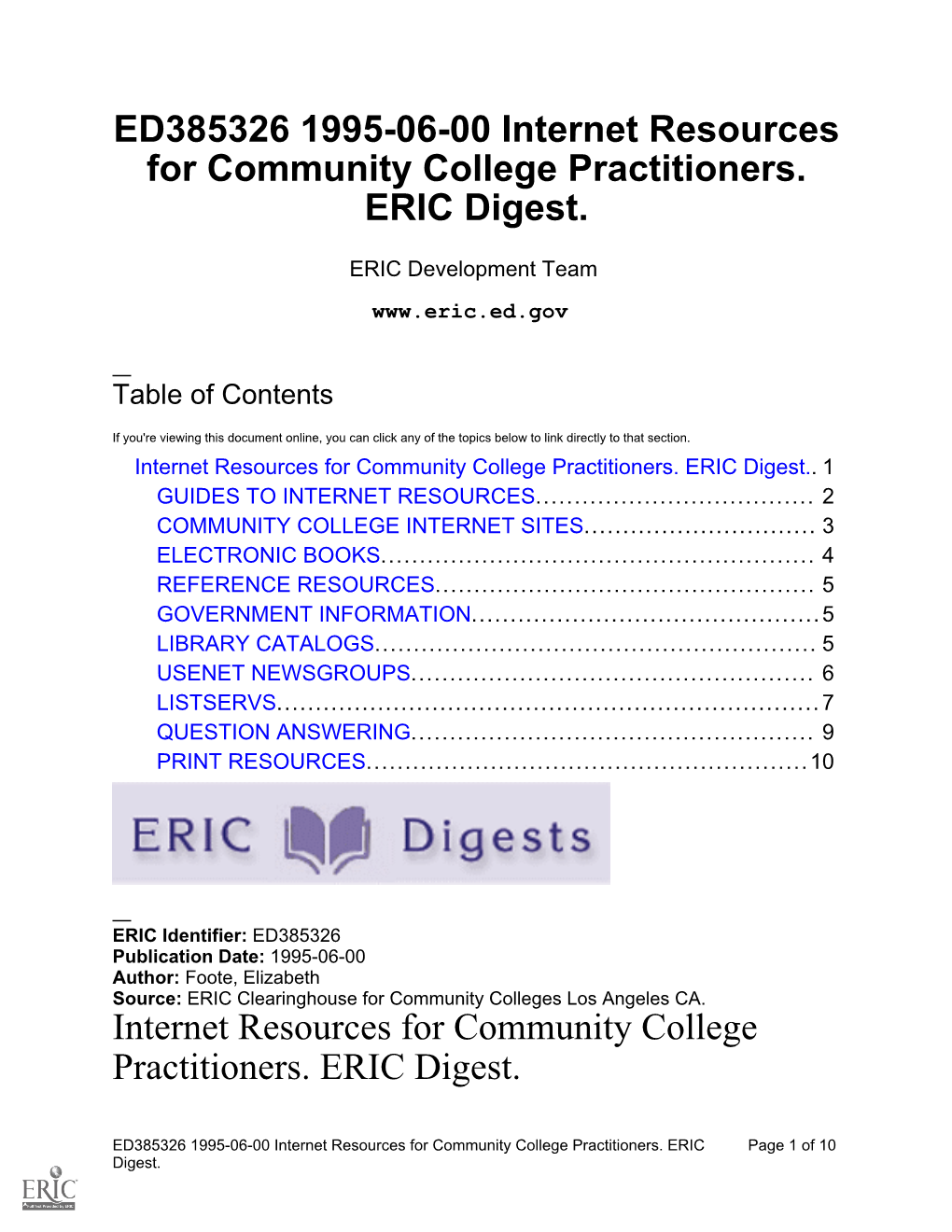 ED385326 1995-06-00 Internet Resources for Community College Practitioners