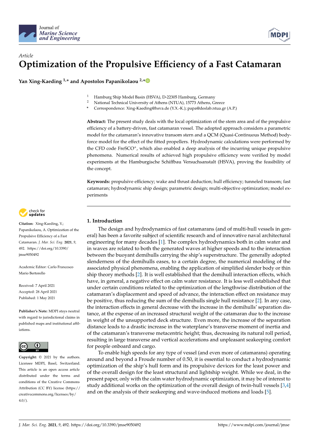 Optimization of the Propulsive Efficiency of a Fast Catamaran