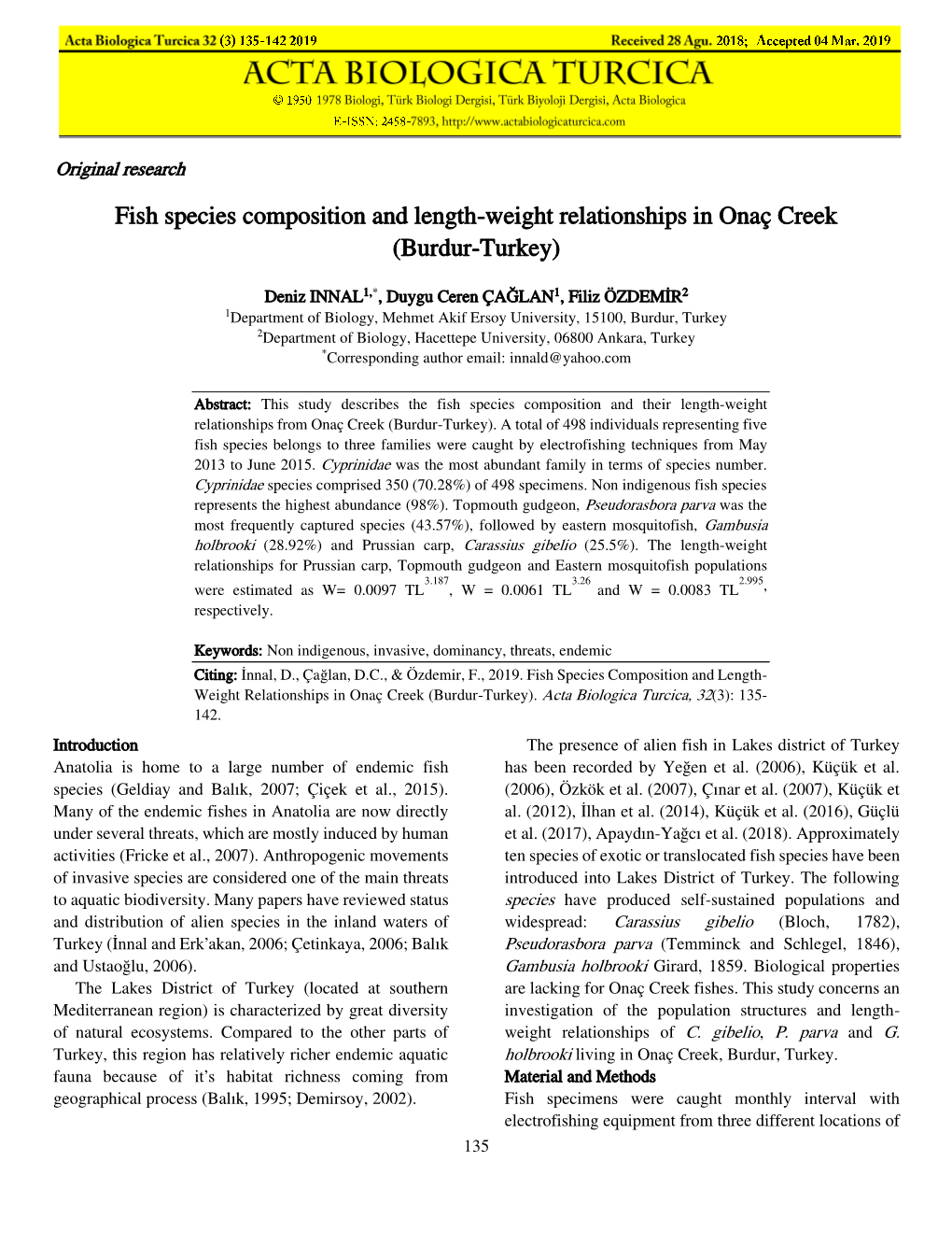 Fish Species Composition and Length-Weight Relationships in Onaç Creek (Burdur-Turkey)