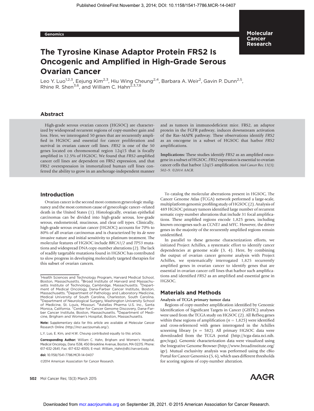 The Tyrosine Kinase Adaptor Protein FRS2 Is Oncogenic and Amplified in High-Grade Serous Ovarian Cancer