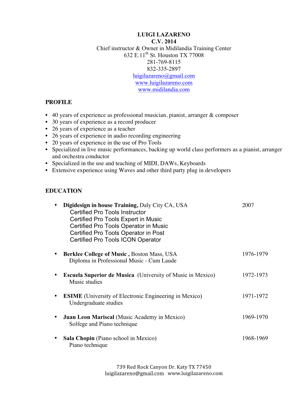 Luigi Lazareno Curriculum Vitae 2014