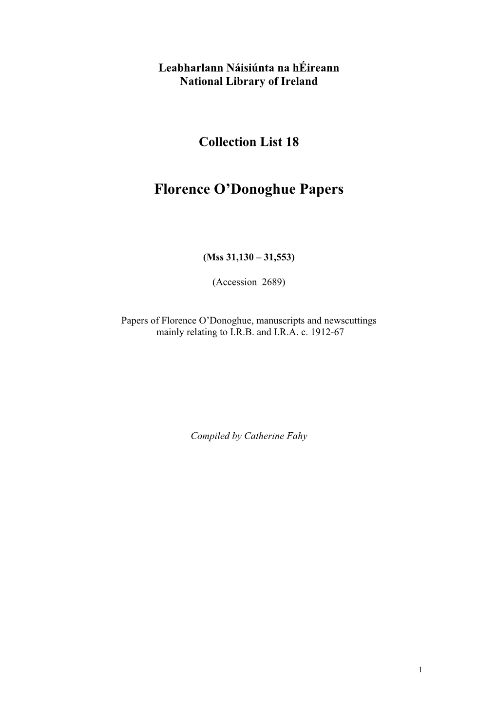 Florence O'donoghue Papers