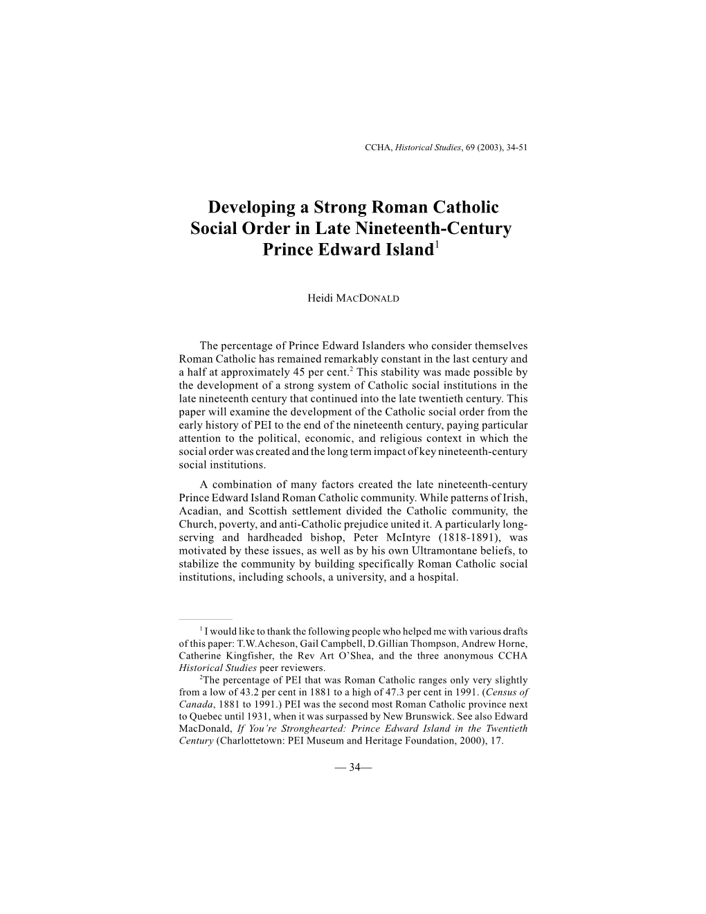 Developing a Strong Roman Catholic Social Order in Late Nineteenth-Century Prince Edward Island1