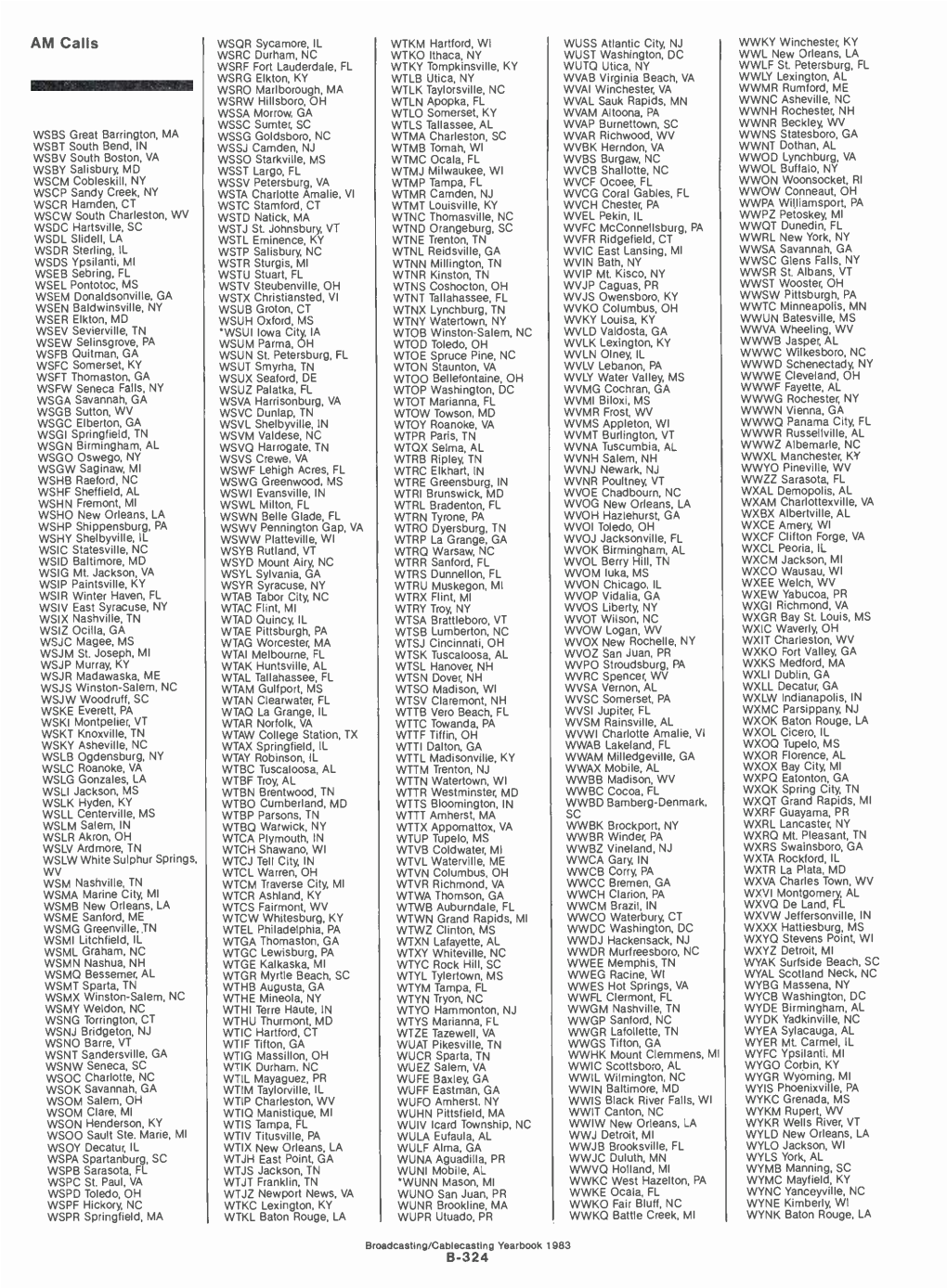 AM Calls WSQR Sycamore, IL WTKM Hartford, WI WUSS Atlantic City, NJ WWKY Winchester, KY WSRC Durham, NC WTKO Ithaca, NY WUST Washington