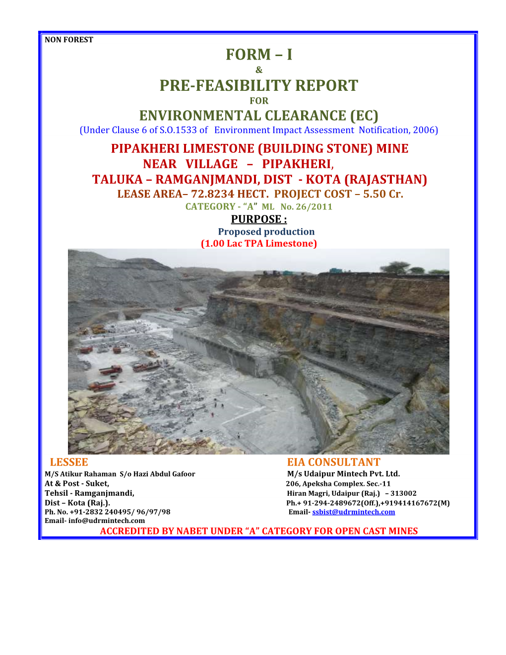 Form – I Pre-Feasibility Report