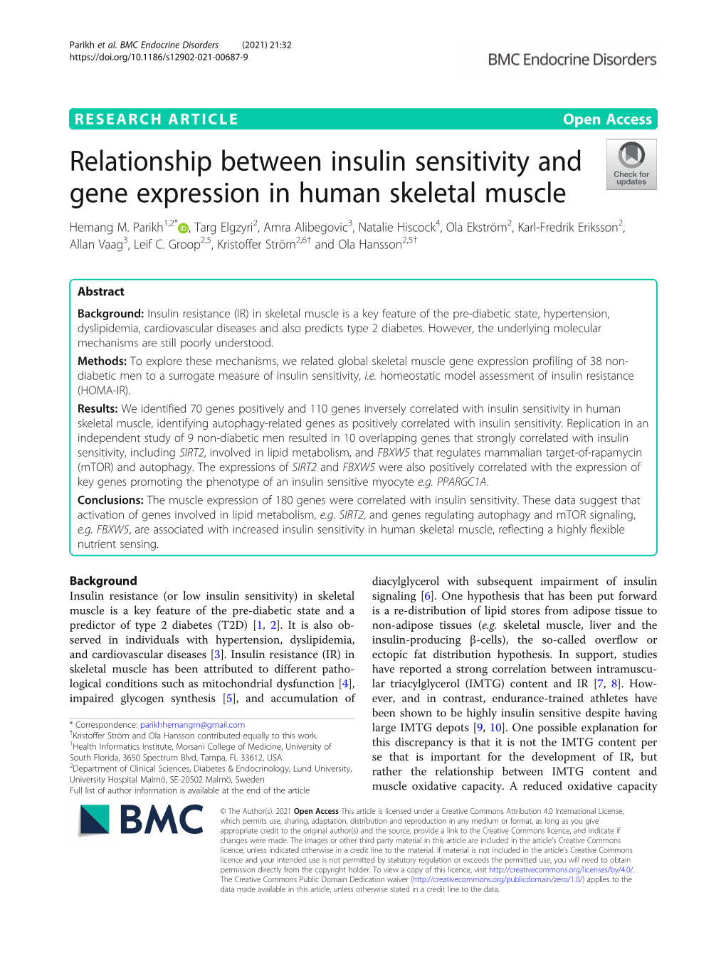 Relationship Between Insulin Sensitivity and Gene Expression in Human Skeletal Muscle Hemang M