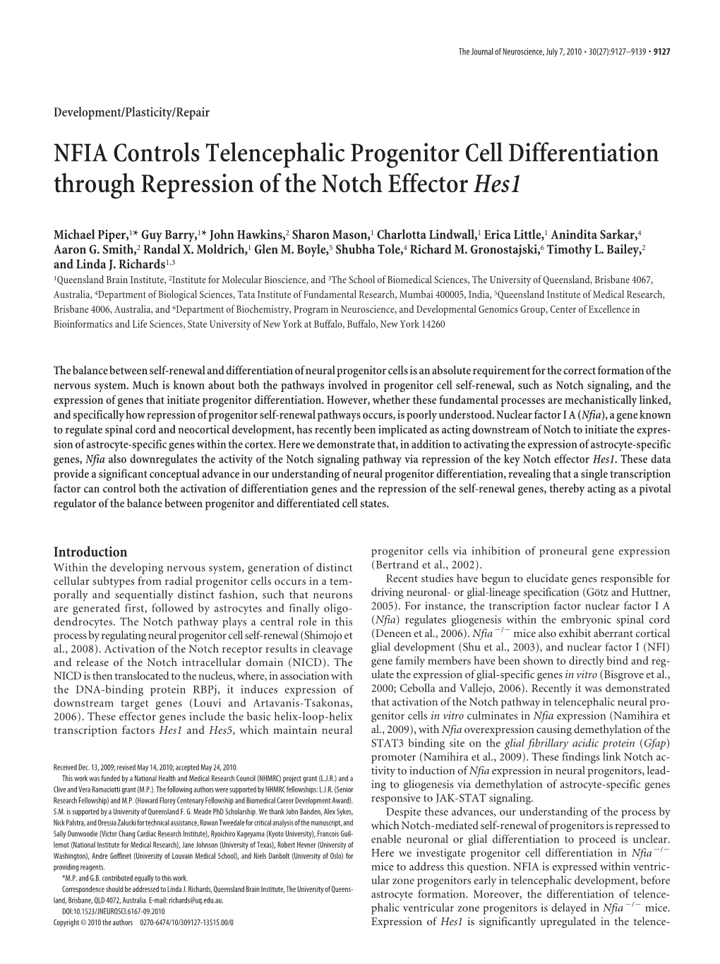 NFIA Controls Telencephalic Progenitor Cell Differentiation Through Repression of the Notch Effectorhes1