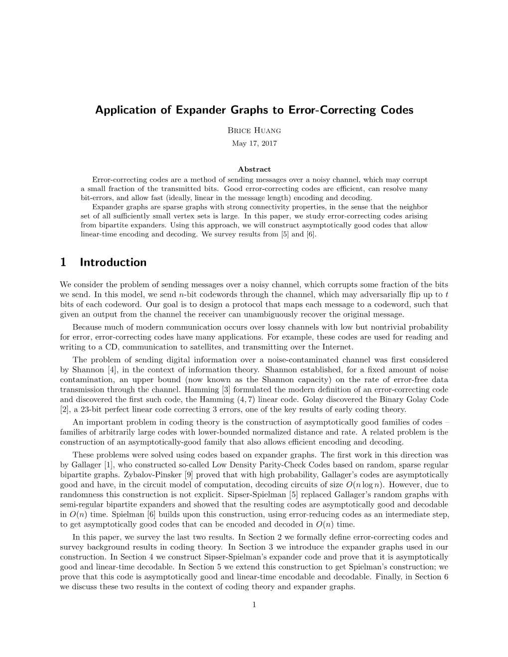 Application of Expander Graphs to Error-Correcting Codes 1 Introduction