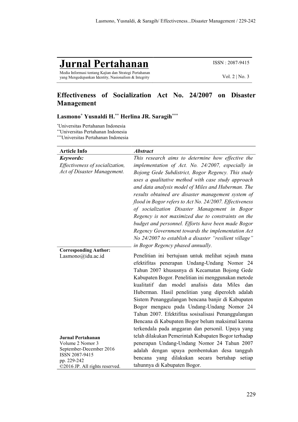 Pertahanan Journal, Vol. 1, No. 1, 2015