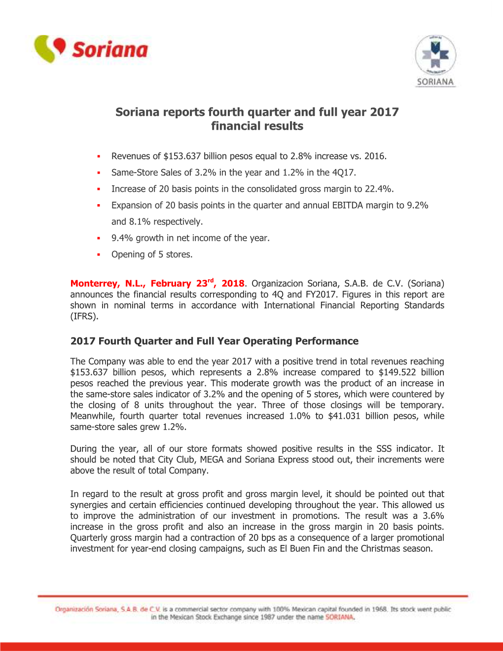 Soriana Reports Fourth Quarter and Full Year 2017 Financial Results