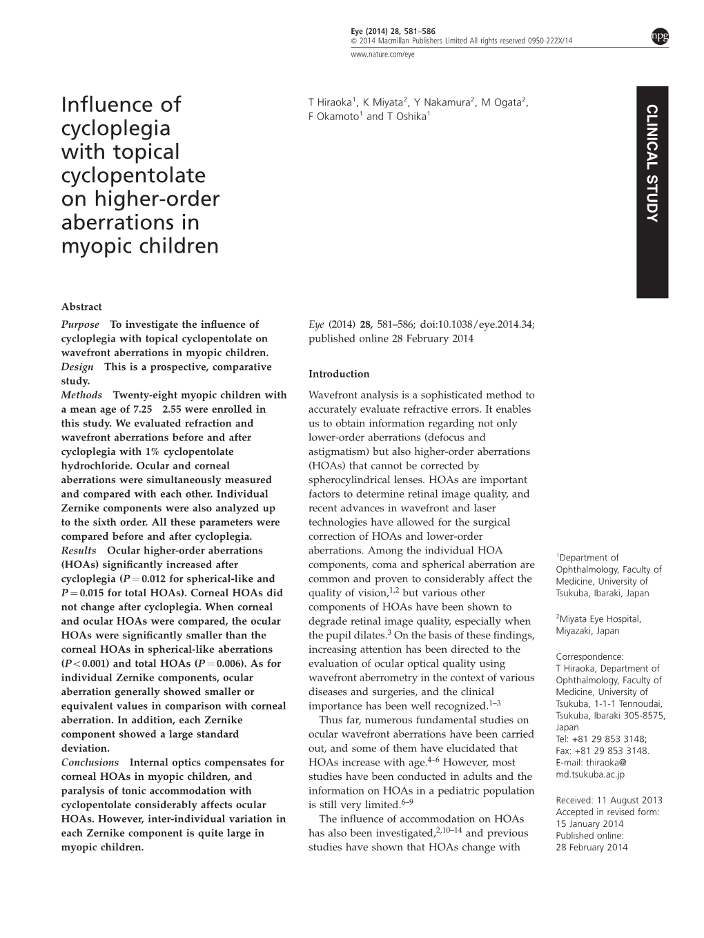 Influence of Cycloplegia with Topical Cyclopentolate on Higher-Order Aberrations in Myopic Children
