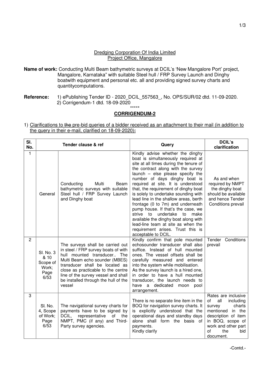 1/3 Dredging Corporation of India Limited Project Office, Mangalore Name of Work: Conducting Multi Beam Bathymetric Surveys at D