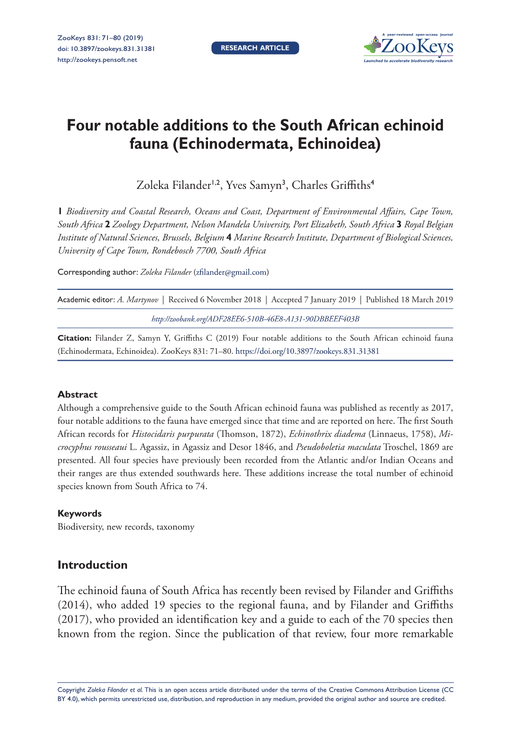 Four Notable Additions to the South African Echinoid Fauna