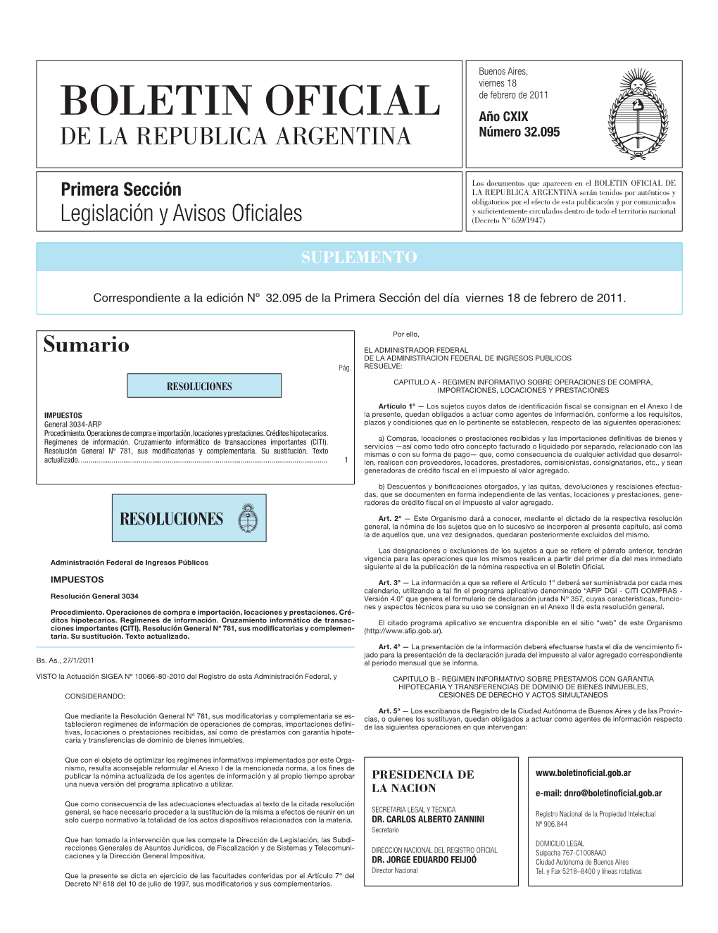 Sumario EL ADMINISTRADOR FEDERAL DE LA ADMINISTRACION FEDERAL DE INGRESOS PUBLICOS Pág