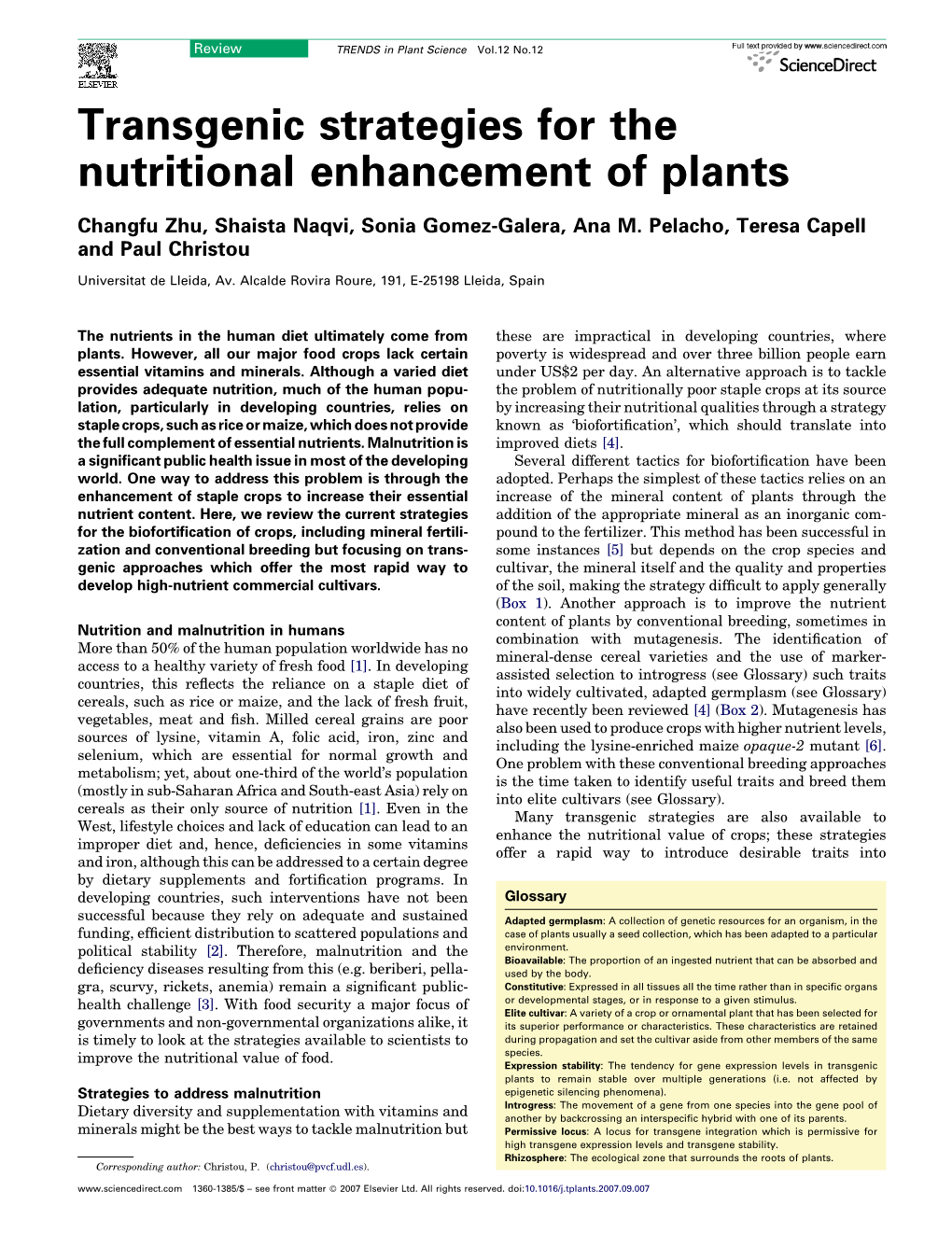 Transgenic Strategies for the Nutritional Enhancement of Plants