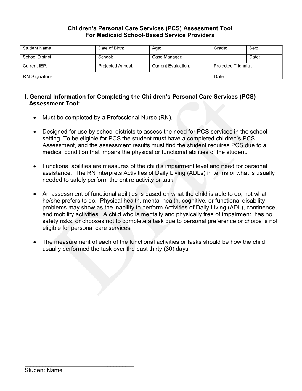 Children S Personal Care Services (PCS) Assessment Tool