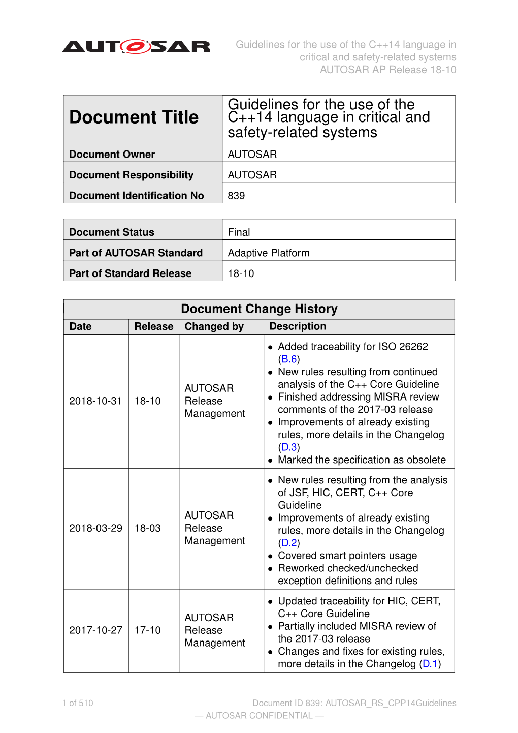 Guidelines for the Use of the C++14 Language in Critical and Safety-Related Systems AUTOSAR AP Release 18-10