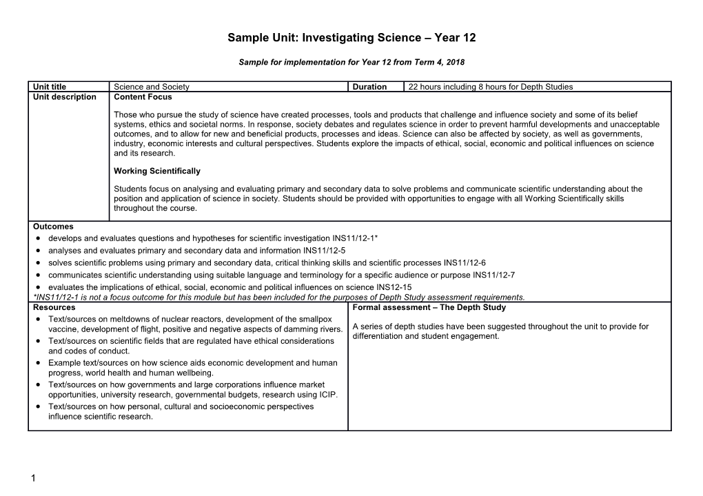 Sample Unit: Investigating Science Year 12