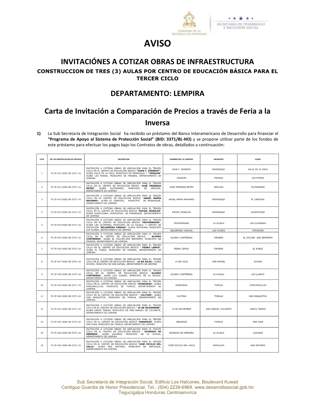 LEMPIRA Carta De Invitación a Comparación De Precios a Través