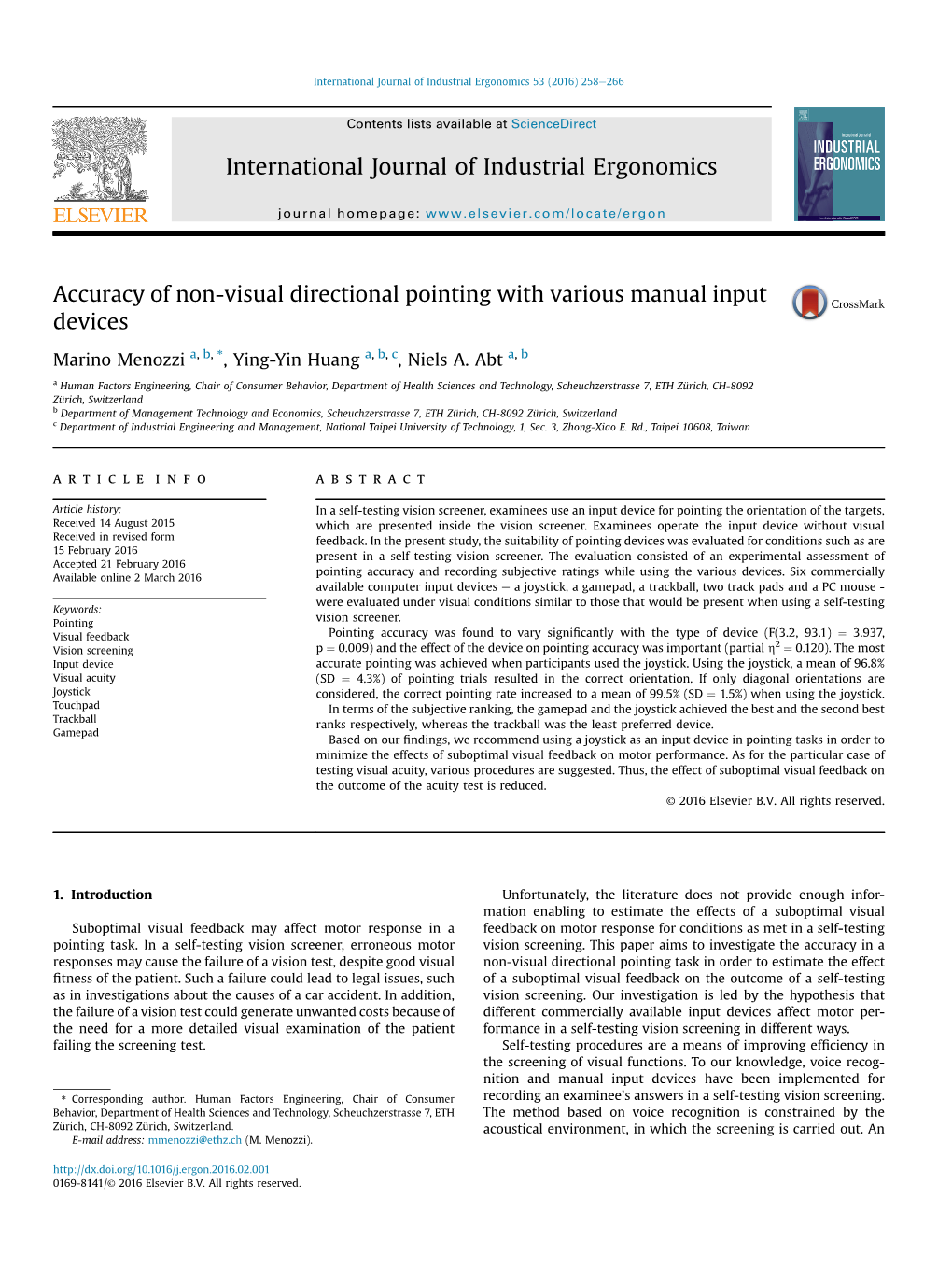 Accuracy of Non-Visual Directional Pointing with Various Manual Input Devices