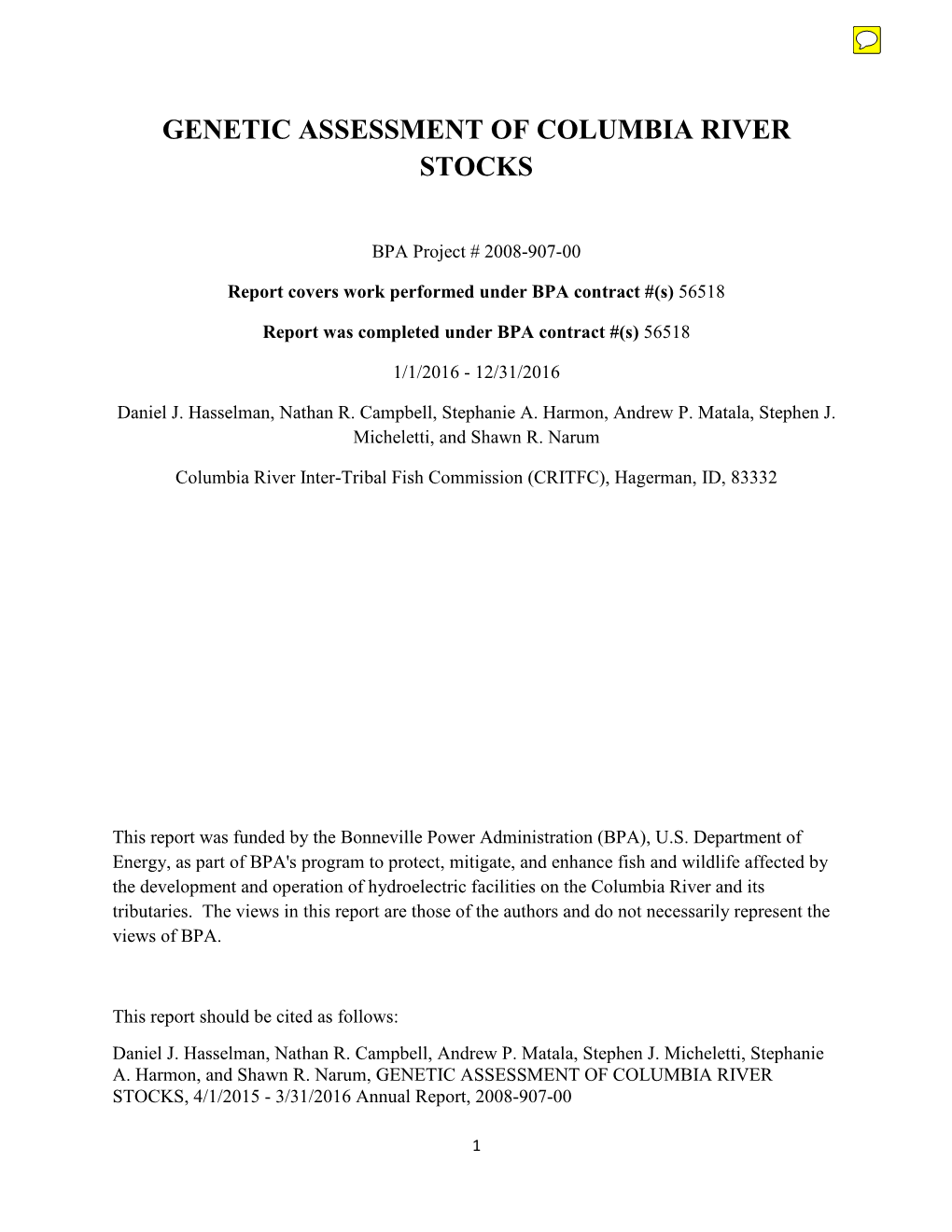 Genetic Assessment of Columbia River Stocks