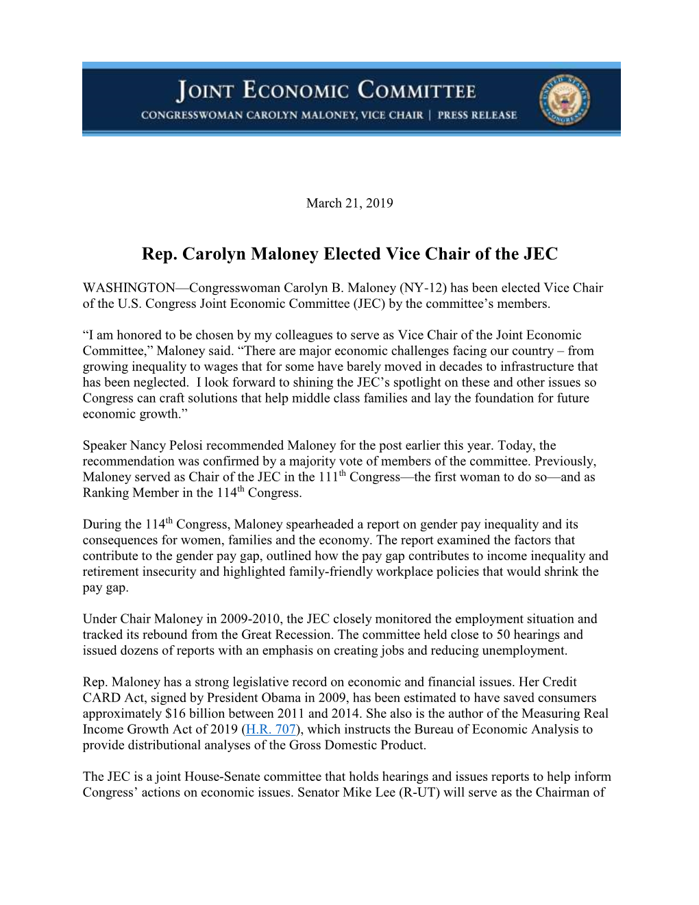 Rep. Carolyn Maloney Elected Vice Chair of the JEC