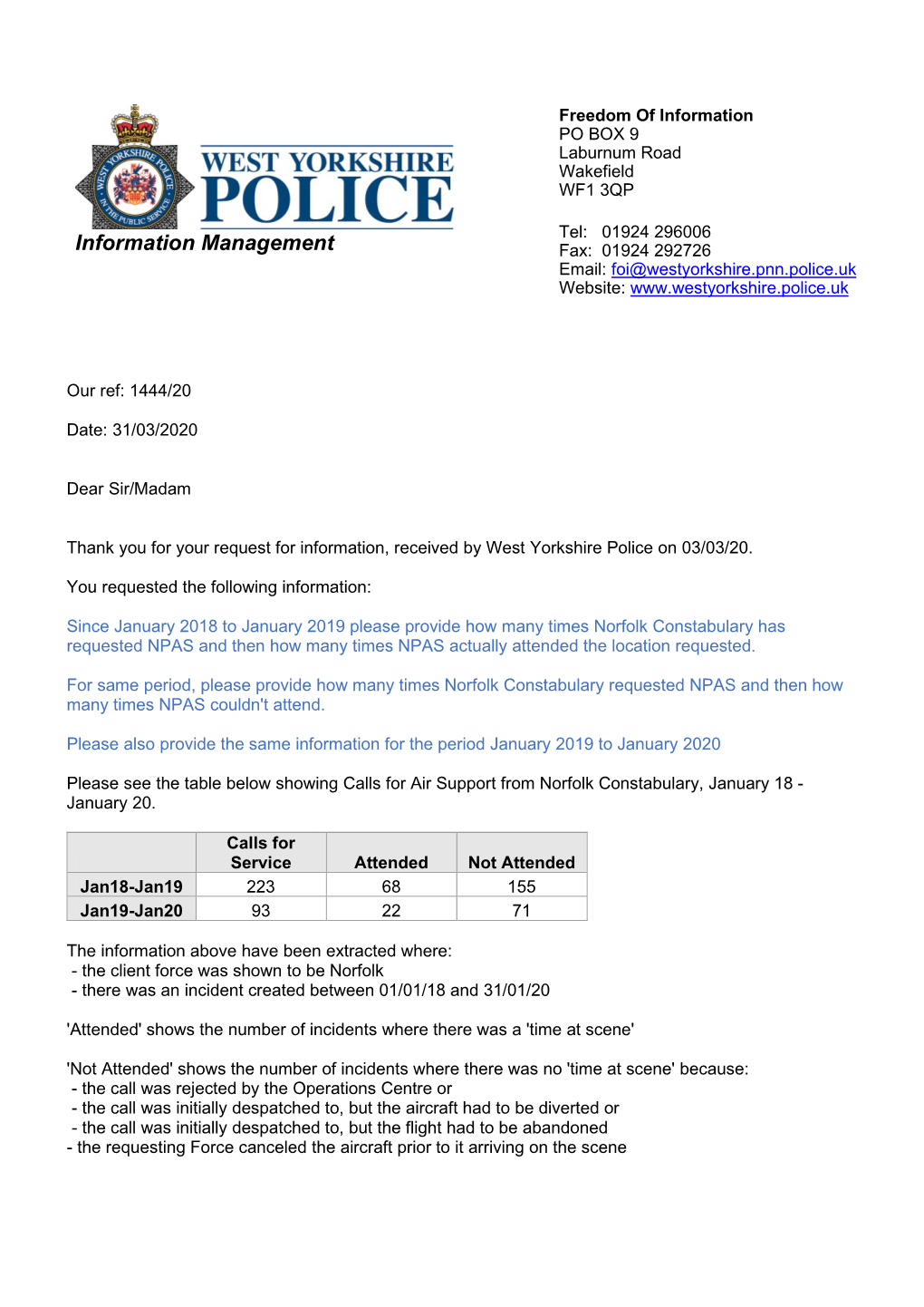 Information Management Fax: 01924 292726 Email: Foi@Westyorkshire.Pnn.Police.Uk Website