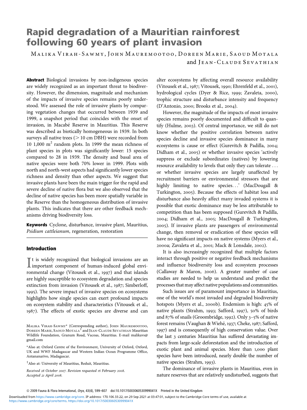 Rapid Degradation of a Mauritian Rainforest Following 60 Years of Plant Invasion