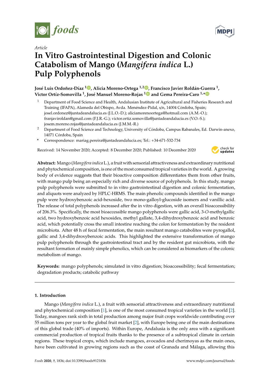 In Vitro Gastrointestinal Digestion and Colonic Catabolism of Mango (Mangifera Indica L.) Pulp Polyphenols