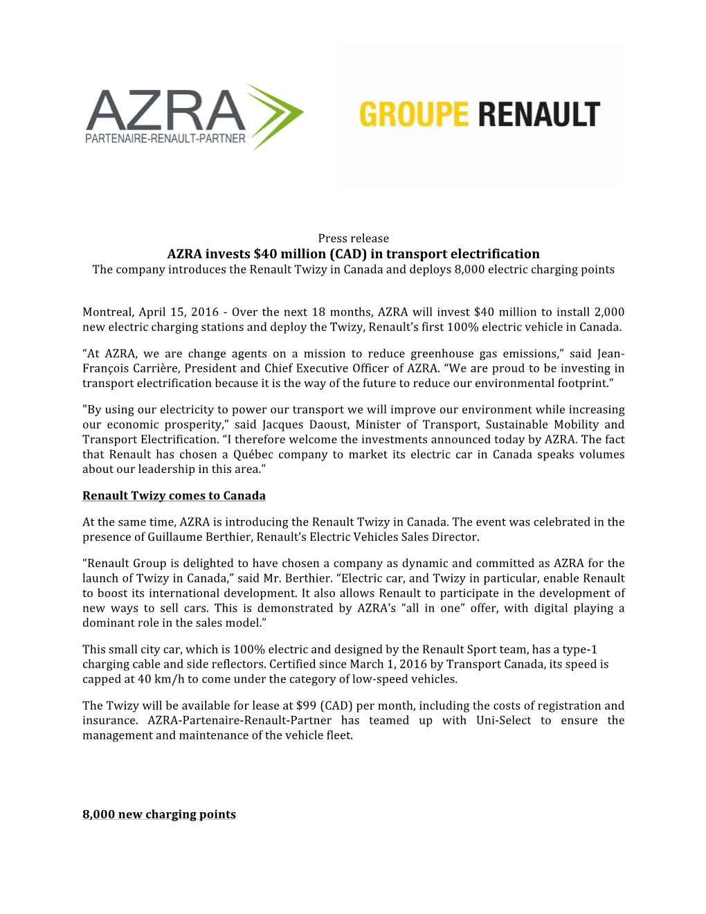 AZRA Invests $40 Million (CAD) in Transport Electrification the Company Introduces the Renault Twizy in Canada and Deploys 8,000 Electric Charging Points