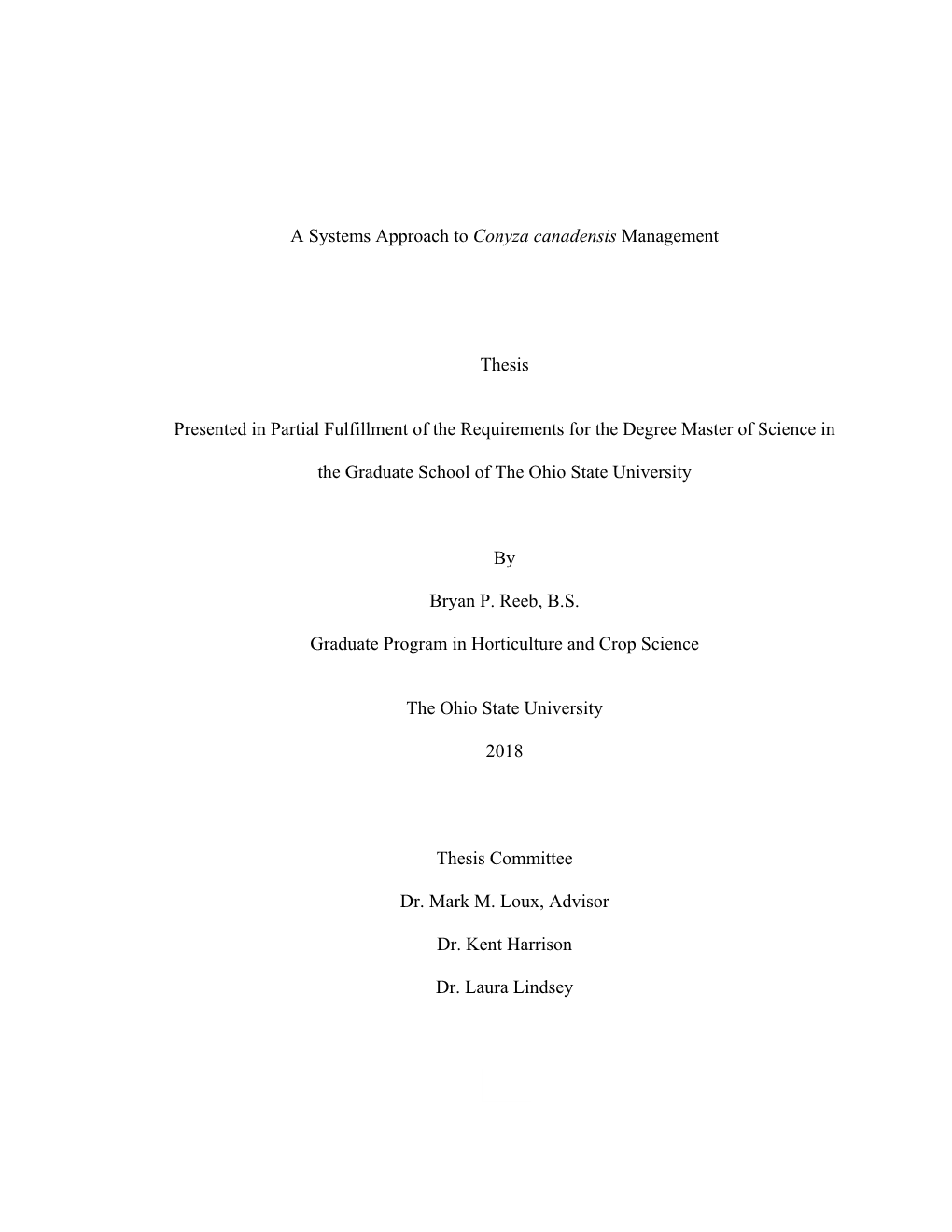 1 a Systems Approach to Conyza Canadensis Management Thesis