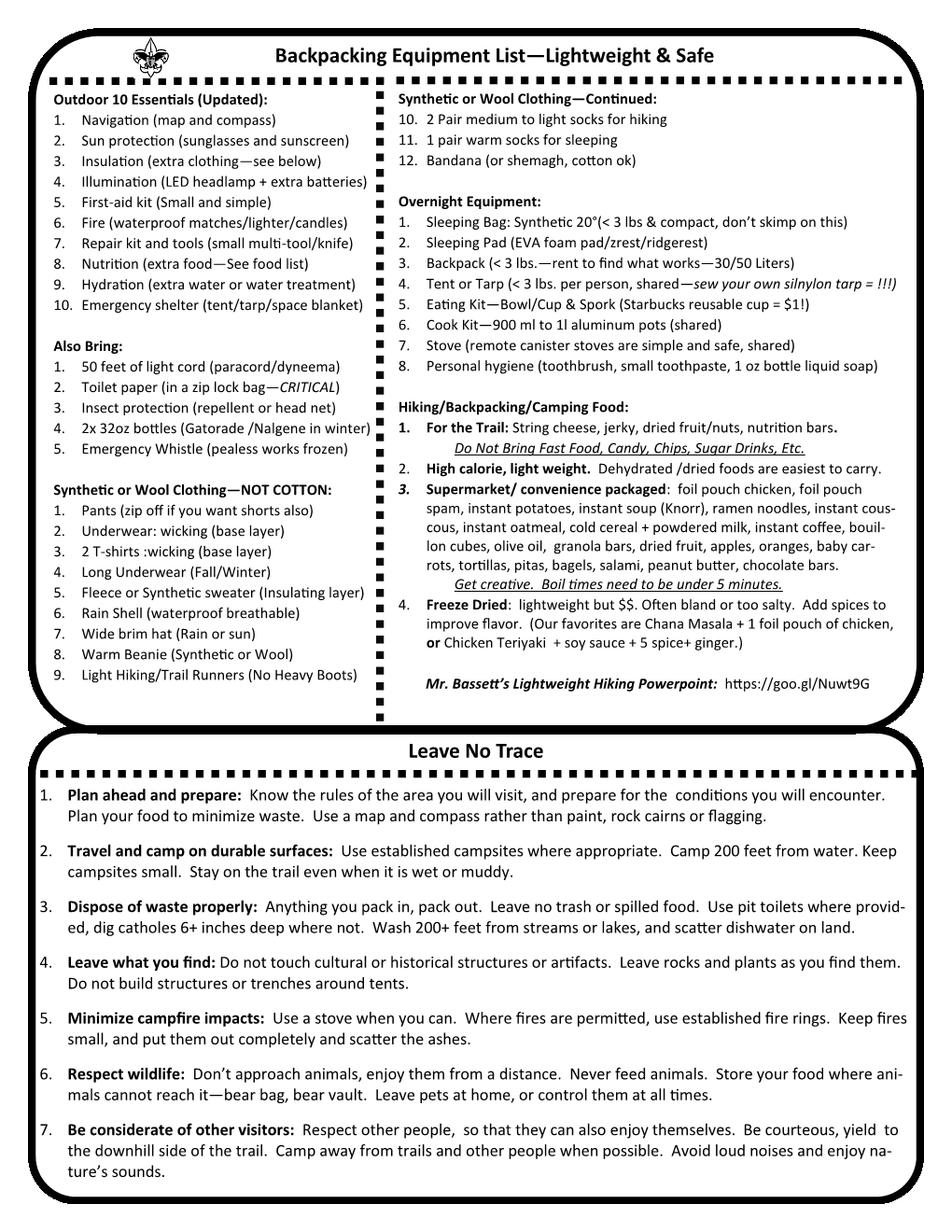 Leave No Trace Backpacking Equipment List