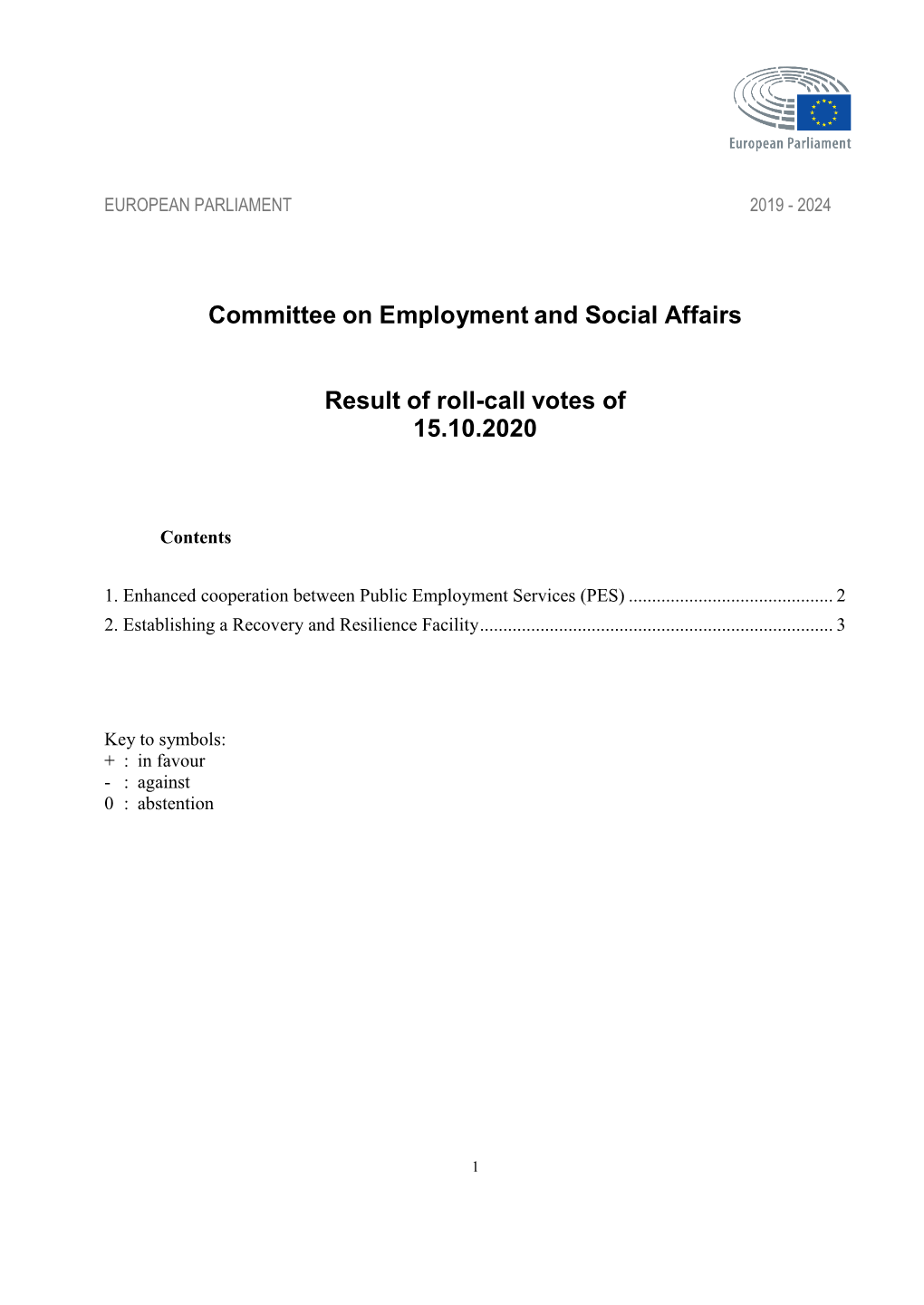 Committee on Employment and Social Affairs Result of Roll-Call Votes Of
