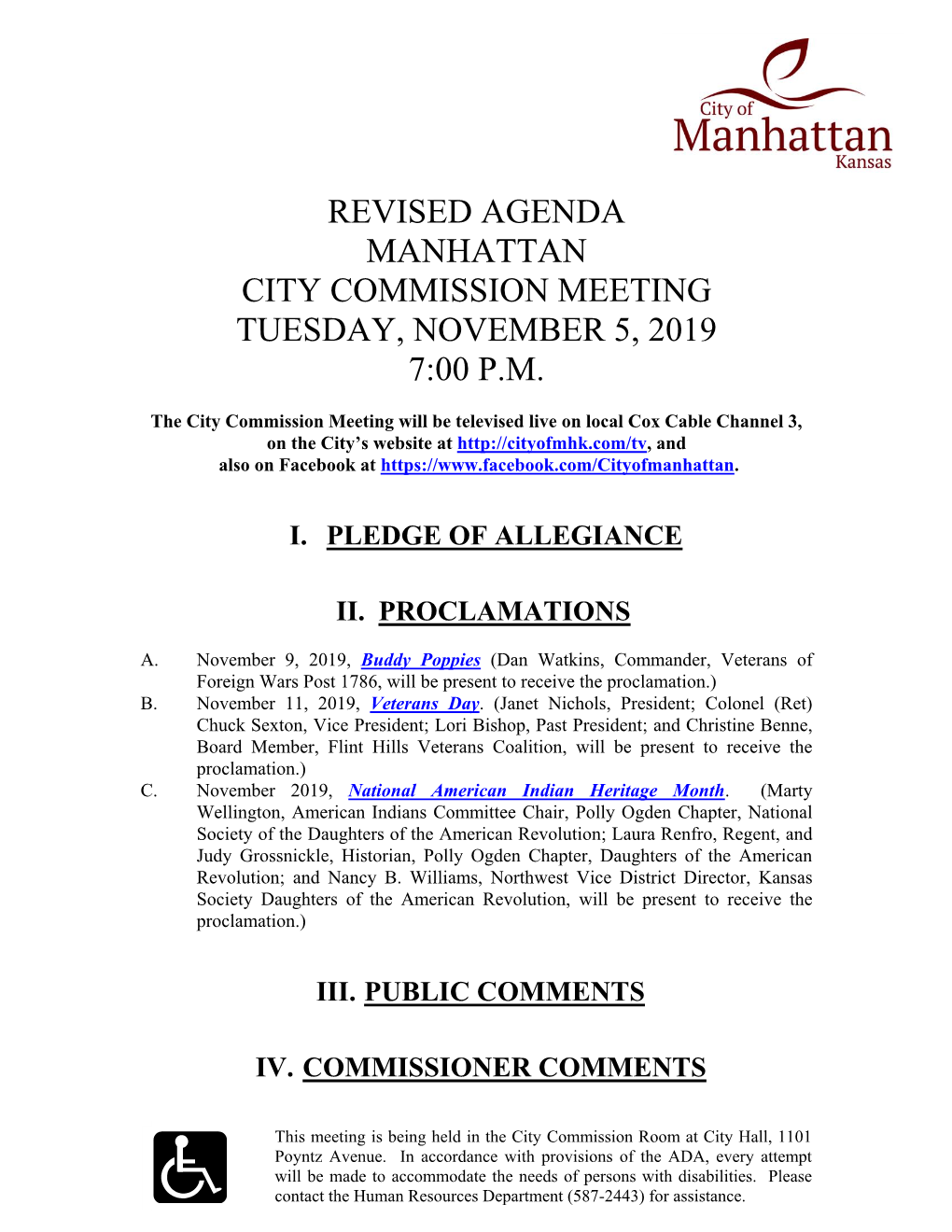 Revised Agenda Manhattan City Commission Meeting Tuesday, November 5, 2019 7:00 P.M