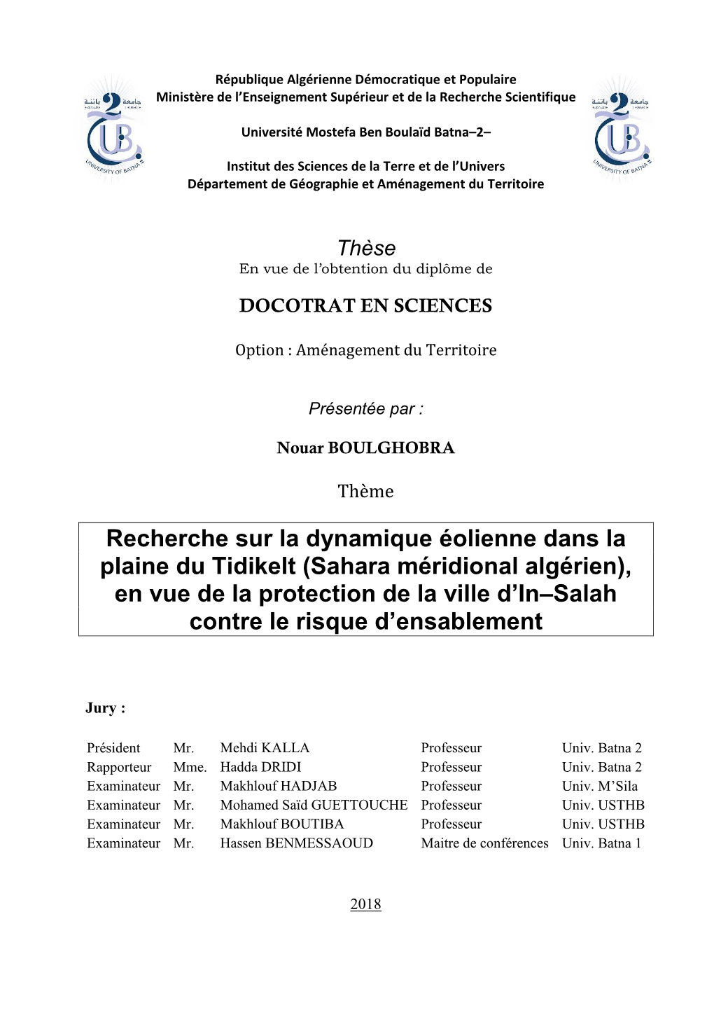 Recherche Sur La Dynamique Éolienne Dans La Plaine Du Tidikelt (Sahara