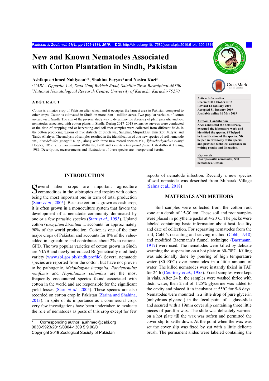 New and Known Nematodes Associated with Cotton Plantation in Sindh, Pakistan