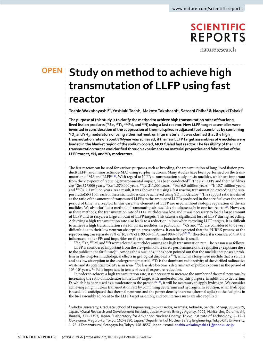 Study on Method to Achieve High Transmutation of LLFP Using Fast Reactor Toshio Wakabayashi1*, Yoshiaki Tachi2, Makoto Takahashi1, Satoshi Chiba3 & Naoyuki Takaki4