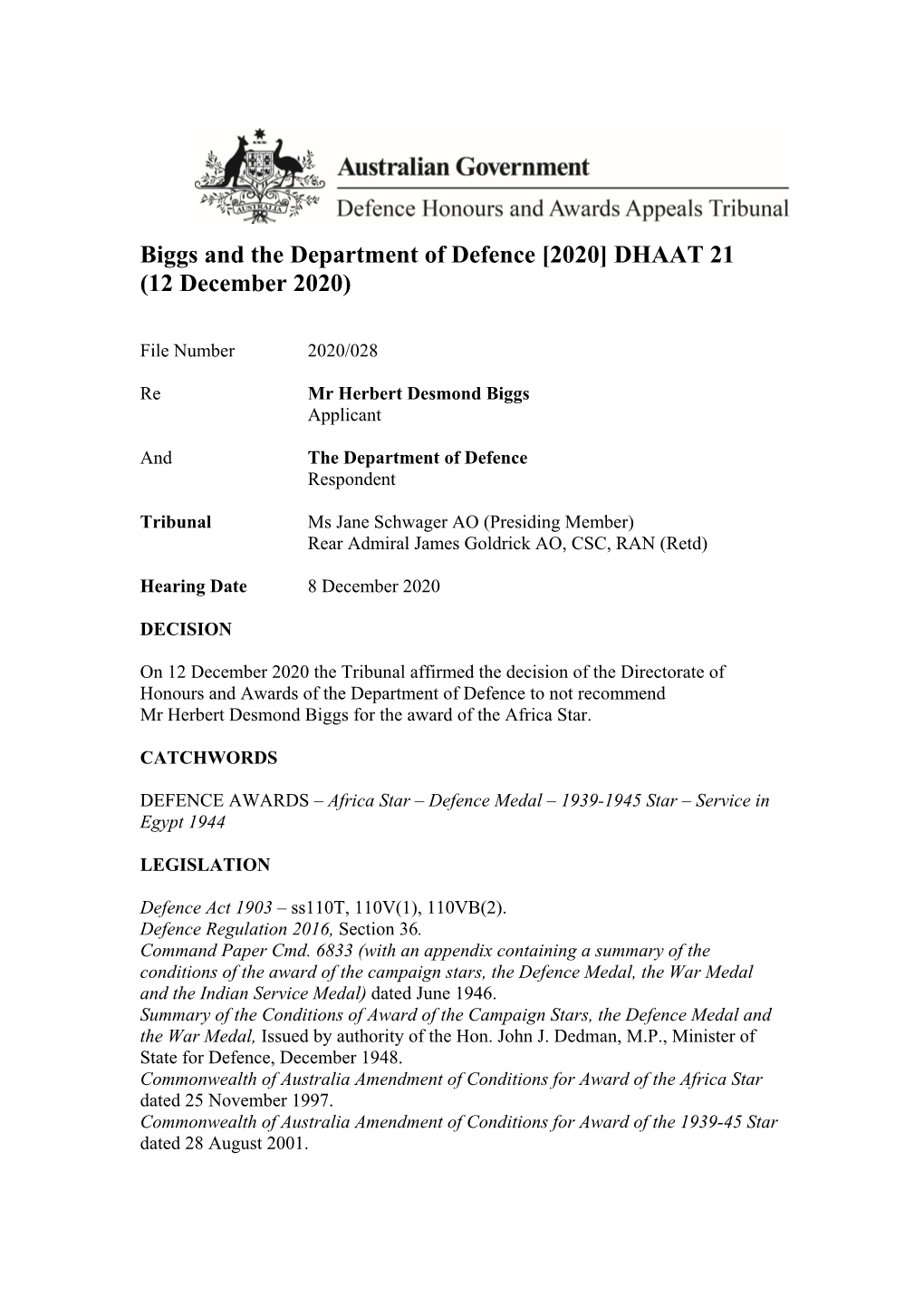 Biggs and the Department of Defence [2020] DHAAT 21 (12 December 2020)