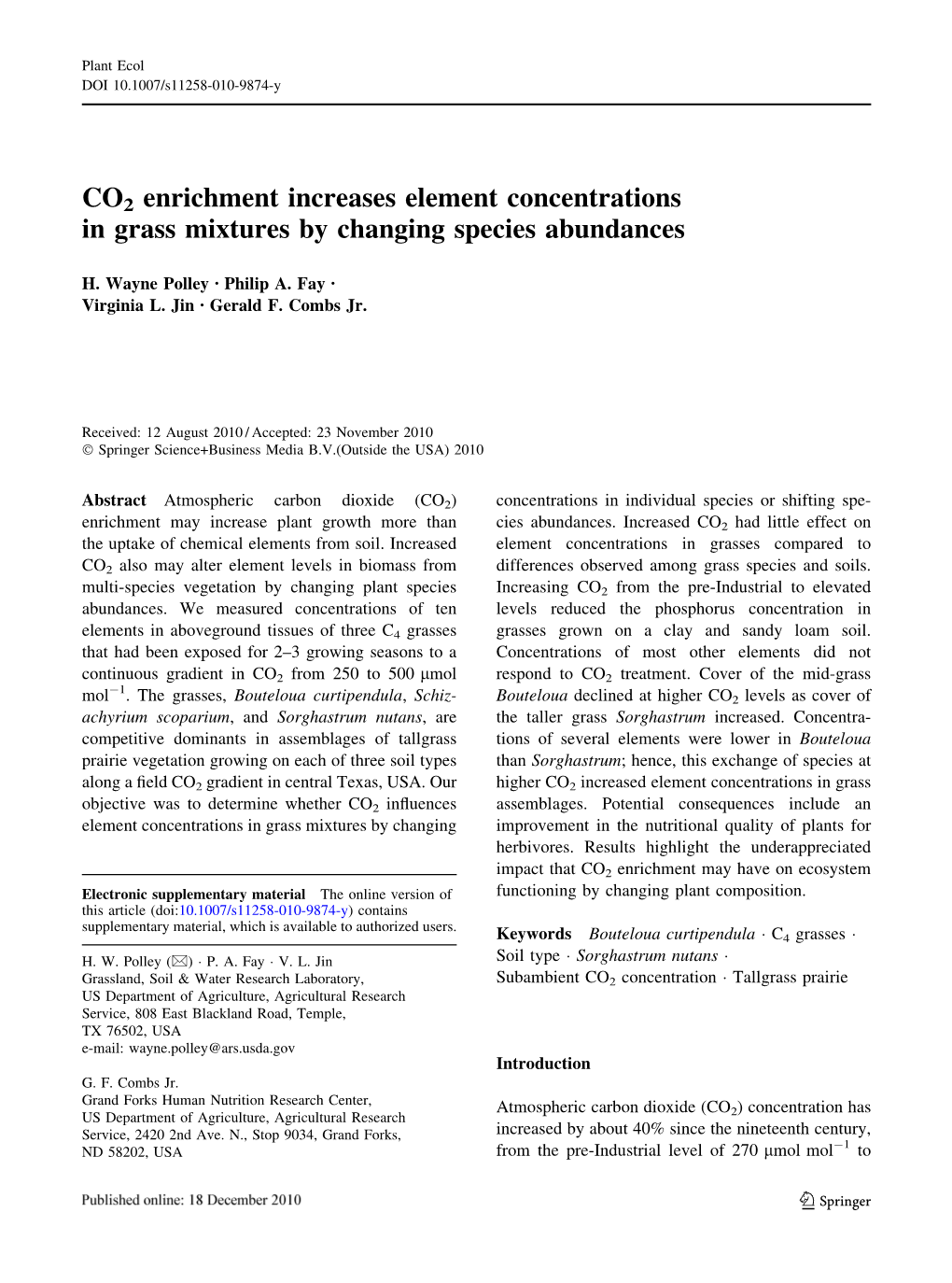 CO2 Enrichment Increases Element Concentrations in Grass Mixtures by Changing Species Abundances