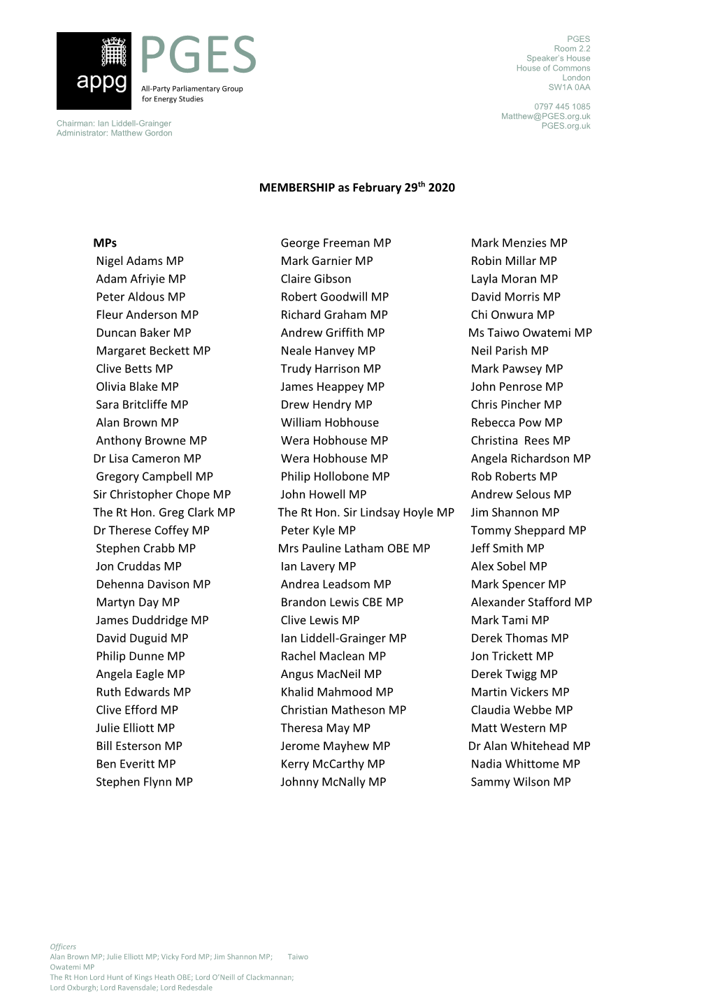 MEMBERSHIP As February 29Th 2020 Mps Nigel Adams MP Adam Afriyie